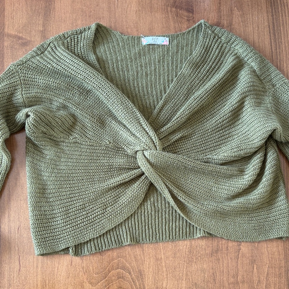 Olive V-Neck Crop Top with Twist Sweater